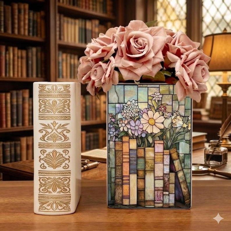 Stained Glass Book Wildflower Vase, Book Lover Shelf Decor, Book-shaped ...