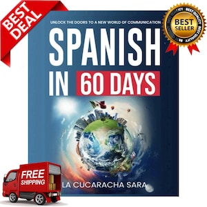 May include: A book cover with the title "SPANISH IN 60 DAYS" in large white letters over a blue background. The cover features an illustration of the Earth with buildings and a flag. A red banner reads "BEST DEAL".