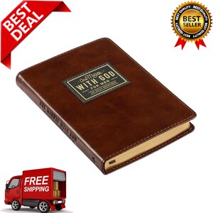May include: A brown leather-bound book with gold-edged pages. The cover features a rectangular label with the text "One Minute With God For Men 365 Daily Devotions". A "Best Seller" seal and a "Best Deal" banner are also visible.