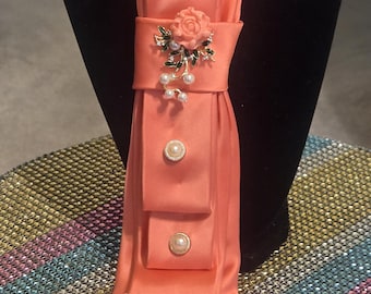 Unique handmade peach necktie with a peach rose.