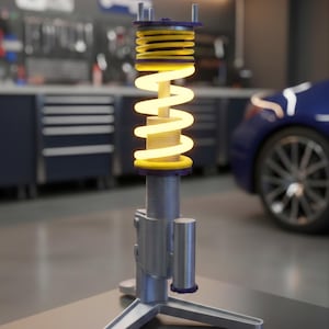 May include: A car suspension spring with a yellow coil and yellow and purple accents. The spring is illuminated, showcasing its design. The assembly is mounted on a silver stand, with a blurred garage background and a blue car.