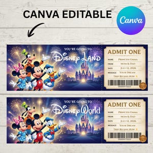 Pode incluir: Dois bilhetes de presente imprimíveis com tema Disney, apresentando Mickey, Minnie, Pateta e Pato Donald em frente a um castelo com fogos de artifício. O texto diz You're Going To Disney Land e Disney World, Admit One, Princess Emma, 12 de julho de 2026.