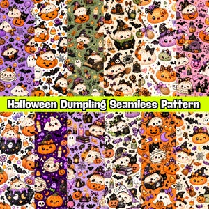 May include: A seamless pattern featuring cute cartoon dumplings dressed in Halloween costumes, including witch hats and pumpkins, interspersed with ghosts, bats, black cats, and candy on purple, orange, and cream backgrounds with the text Halloween Dumpling Seamless Pattern.