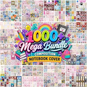 May include: A digital collection of 1000+ composition notebook covers featuring diverse graphic designs, patterns, and characters. The central graphic displays the text 1000+ Mega Bundle Composition Notebook Cover with a yellow lightbulb, pencil, rainbow, and backpack.