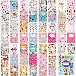 May include: A collection of Disney-themed composition notebooks featuring various patterns of Mickey Mouse, Minnie Mouse, Donald Duck, Goofy, and Pluto. Each notebook has a central label area for writing a name and the text Composition Notebook.