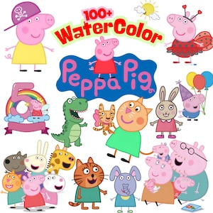 May include: A collection of Peppa Pig watercolour illustrations featuring Peppa, George, family members, and friends. The graphic includes a large blue Peppa Pig logo, the text 100+ WaterColor, a number five with a rainbow, and various colourful characters.