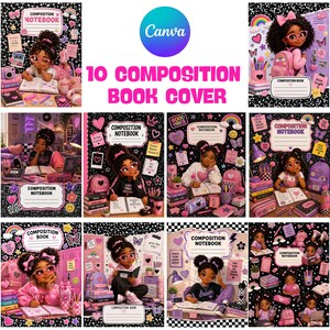 Pode incluir: Uma coleção de dez capas de cadernos com ilustrações de uma menina de cabelo encaracolado e óculos, rodeada por material escolar rosa e roxo, corações, arco-íris e estrelas em fundos pretos com vários padrões.
