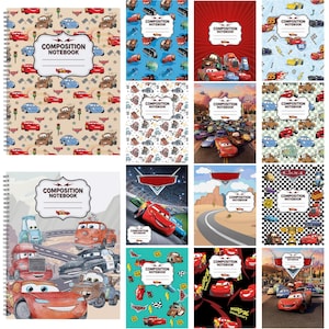 Könnte beinhalten: Eine Sammlung von spiralgebundenen Notizbüchern mit verschiedenen Designs aus der Cars-Filmreihe, darunter Charakter-Muster, Rennszenen und Wüstenlandschaften, jeweils mit einem zentralen Etikett mit der Aufschrift Composition Notebook.