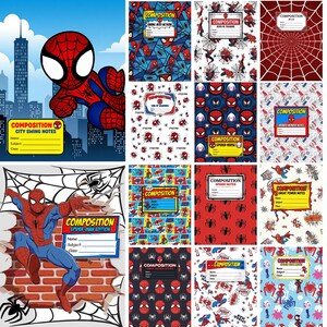 Puede incluir: Una colección de cuadernos de composición con temática de Spider-Man que presentan varios patrones gráficos, ilustraciones de personajes y etiquetas con texto como City Swing Notes, Hero in Training, Web of Learning y Spider-Verse.