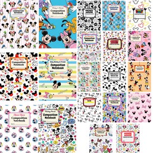 May include: A collection of twenty-one Disney-themed composition notebooks featuring various patterns of Mickey Mouse, Minnie Mouse, Donald Duck, Daisy Duck, and Pluto. Each notebook includes a central label with the text Composition Notebook.