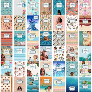 May include: A collection of forty-two composition notebooks featuring various Moana-themed designs, including characters like Moana, Maui, Pua, and Heihei, alongside tropical patterns, ocean waves, and tribal motifs, each with a central label.