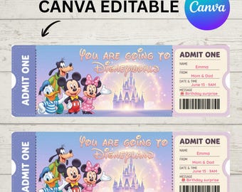 Modèle de billet Disneyland/Disneyworld Canva modifiable - Cadeau de vacances surprise pour un anniversaire d'enfant - Billet pour parc magique à imprimer