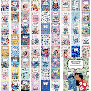 Puede incluir: Una colección de cuadernos de composición con diversas ilustraciones coloridas de los personajes Stitch y Lilo. Cada portada de cuaderno muestra el texto Composition Notebook y presenta diferentes escenas, patrones y diseños vibrantes.