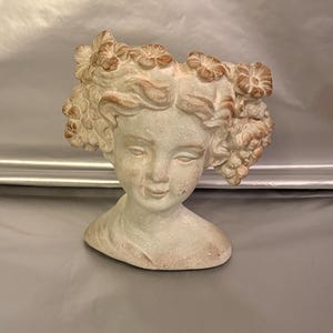 May include: A stone-colored bust planter featuring a sculpted face adorned with a crown of flowers and clusters of grapes on both sides. The surface has a weathered, matte texture with subtle brown highlights accentuating the floral details.