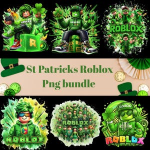 Pode incluir: Uma coleção de gráficos PNG do Roblox com o tema do Dia de São Patrício. As imagens apresentam personagens do Roblox em trajes verdes, segurando trevos e controles de jogo. O texto "St Patricks Roblox Png bundle" também está incluído.