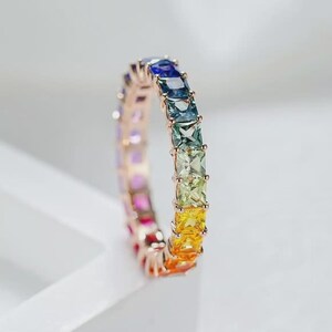 Rainbow Sapphire Eternity Ring, Colorful Sapphire Band, Gold Plated Eternity Ring, Princess Cut Rainbow Ring, Sterling Silver Stackable Band