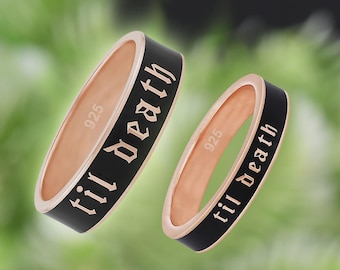 925 Sterling Silver  6mm & 4mm Wide Til Death Black Enamel Band Ring | Promise Ring | Stacking Band,Til Death Ring for Mens and Womens