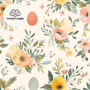 May include: A floral pattern featuring watercolor-style flowers in shades of peach, yellow, and orange, with green leaves and small red berries. The design includes Easter eggs and the text "Lovely Looply" in a circular logo.