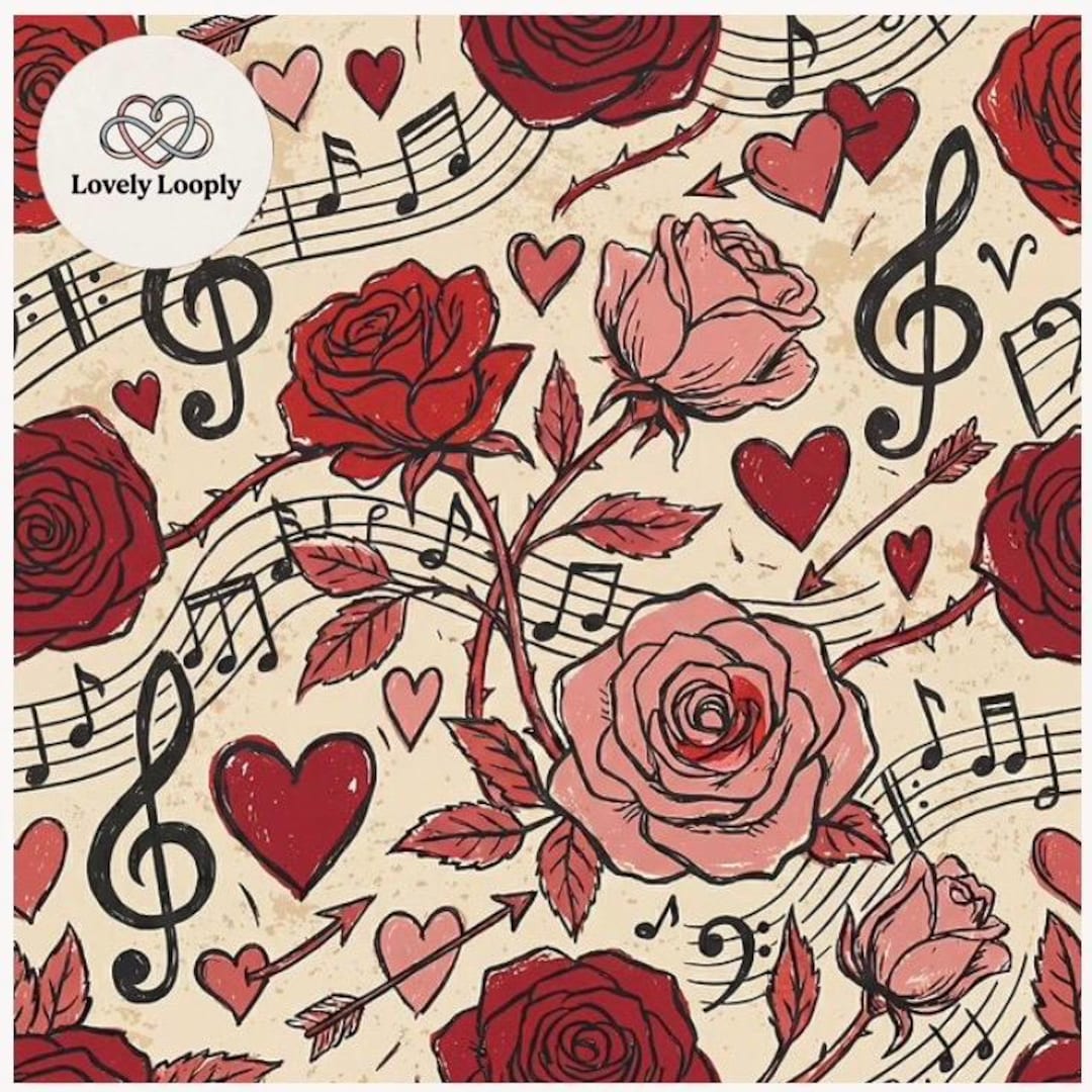 Valentine Music and Roses-digital Wallpaper+ Seamless Pattern+ ...