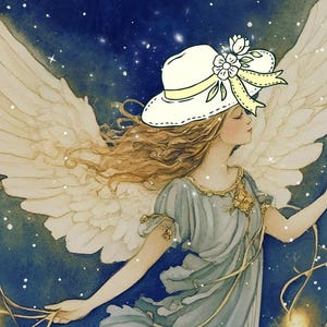 May include: An illustration of a celestial figure with large white wings, wearing a light blue dress and a white hat adorned with a flower and ribbon. The background is a dark blue with white stars, and the figure is holding a glowing string.
