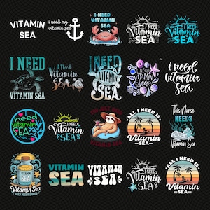 May include: A collection of colorful graphic designs with the text "Vitamin Sea" and other sea-themed phrases. Designs include a crab, turtle, starfish, sloth, and beach scenes. The designs are on a black background.