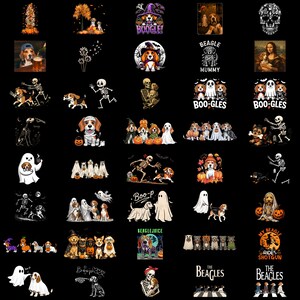 Puede incluir: Una colección de diseños gráficos con perros beagle en varias escenas temáticas de Halloween, incluyendo fantasmas, esqueletos, calabazas y disfraces. Las imágenes incorporan textos como BOOGLE, BEAGLE MUMMY, BOO-GLES, BOO-P, BEAGLEJUICE y THE BEAGLES.