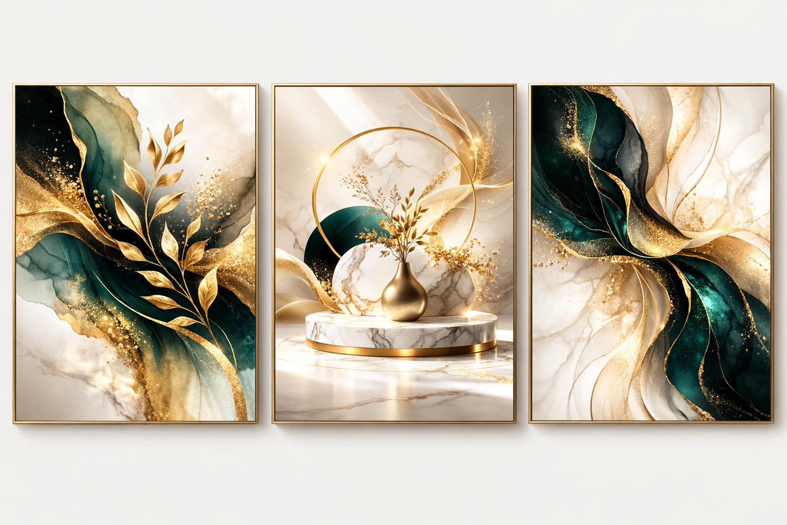 Emerald Green Gold Abstract Wall Art Set of 3, Modern Elegant Botanical ...