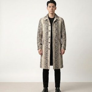 Męska skórzana kurtka z nadrukiem w pytona, długi trencz z wzorem wężowej skóry dla mężczyzn