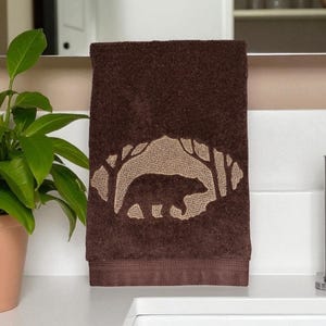 Embroidered Bathroom Hand towel with Cute, Embossed Bear in the Woods, Gift Idea, Bathroom Decor