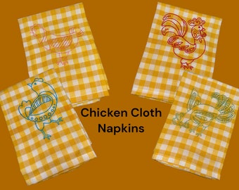 Whimsical Chicken Cloth Dining Napkins, Fabric Napkins, Bread Basket Liner, Embroidered (Set of 4)