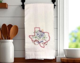 Embroidered Texas Bluebonnet Kitchen Towel: Soft Cotton Tea Towel