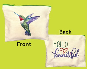 Embroidered Hummingbird and "Hello Beautiful" - Canvas Makeup Bag, Carry-All Bag, Multipurpose Cosmetic Bag, Travel Toiletry with Zipper