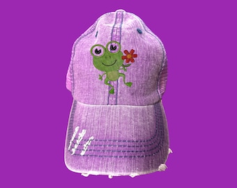 Very Cute Frog Embroidered, Purple, Vintage ,Faded, Frayed Baseball Cap,  Trucker cap, Gift Idea