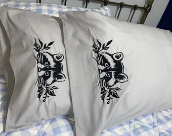 Embroidered Peeking Raccoon, Set of Pillowcases - Gift Idea - His and Hers