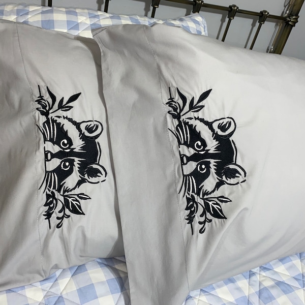 Embroidered Peeking Raccoon, Set of Pillowcases - Gift Idea - His and Hers