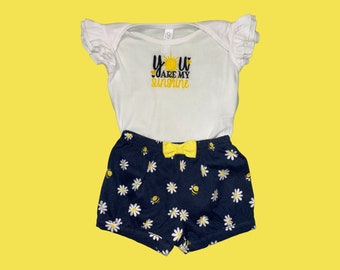 Embroidered Baby Bodysuit with "You are my Sunshine"  and Daisies & Bumble Bees Shorts - 12 Months