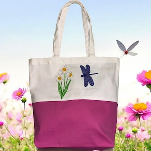 自立式レースの花とトンボ、刺繍入りトートバッグ、ビーチバッグ、キャリーオールバッグ、ギフトアイデア