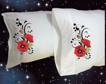 Beautiful Embroidered Poppy Blooms, His and Hers, Couples Pillow Cases - Bedroom Decor