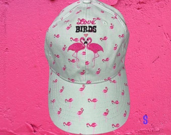 Love Birds Flamingos -  Ladies Embroidered - Baseball Cap - Mint Green