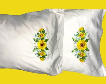 Embroidered Sunflower, Set of Pillowcases - Gift Idea - His and Hers