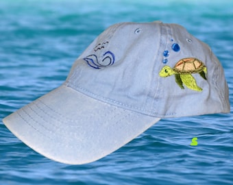 Turtle, Wave, and Flowers Ladies Embroidered Baseball Cap