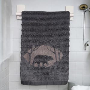 Embroidered Bathroom Hand towel with Embossed Bear in the Woods, Gift Idea