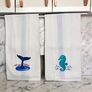 Embroidered Kitchen Towels, Seahorse and Whale Tail - Tea Towel, Linen, Kitchen & Dining, Gift Idea