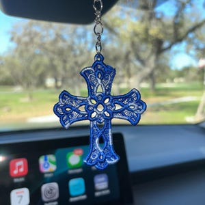 Embroidered Lace Cross Car Charm: Rearview Mirror Ornament