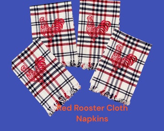 Red Rooster Embroidered Cloth Dining Napkins, Fabric Napkins, Bread Basket Liner, Gift Idea (Set of 4)