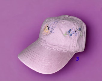 Butterfly Design,  Embroidered , Distressed Purple Baseball Cap, Gift Idea