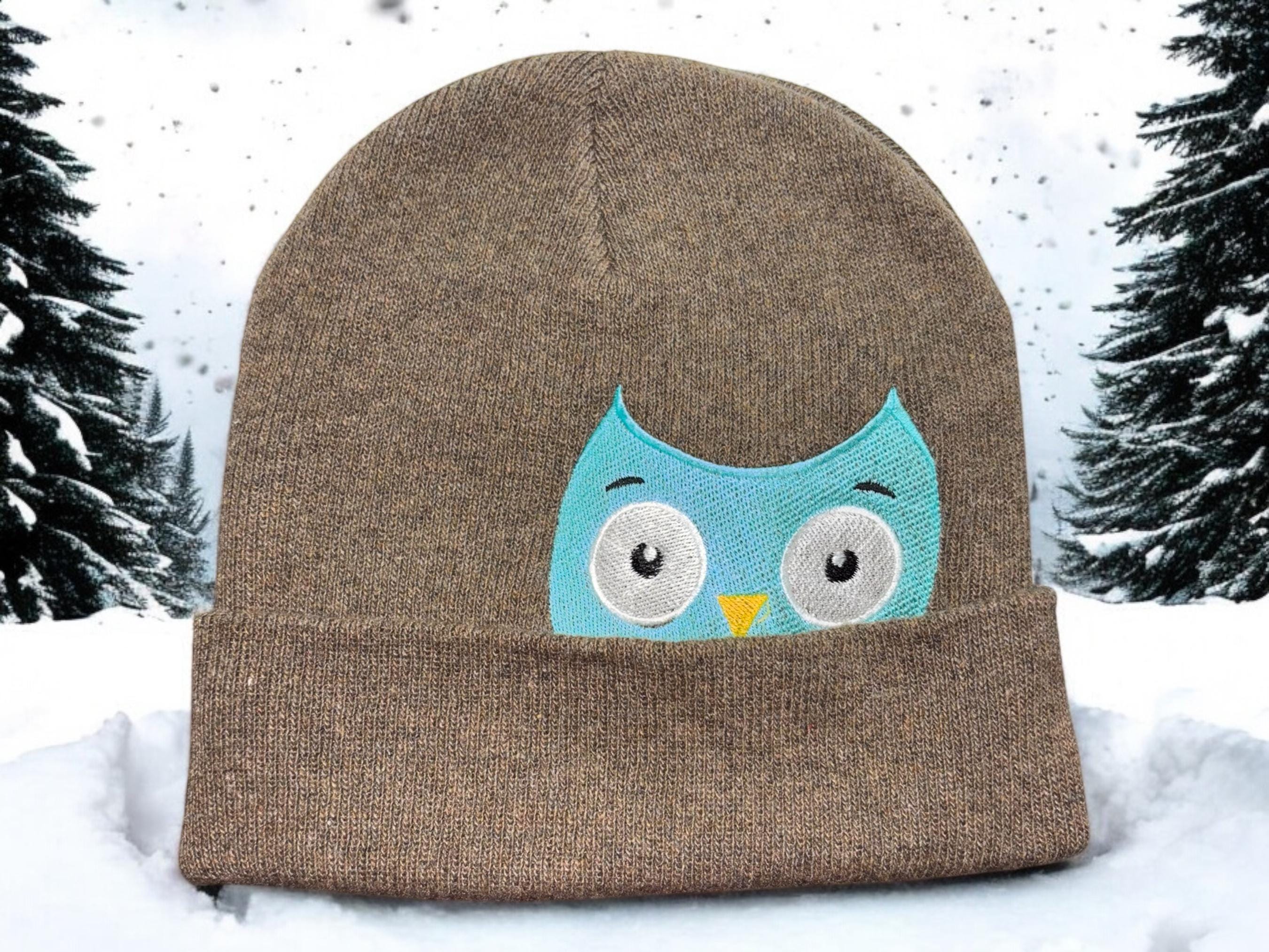 Winter Beanie With Embroidered Peeking Owl - Gift Idea - Adult