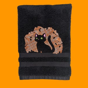 Embroidered Bathroom Hand towel with Beautiful, Embossed Green-eyed Kitty,  Gift Idea