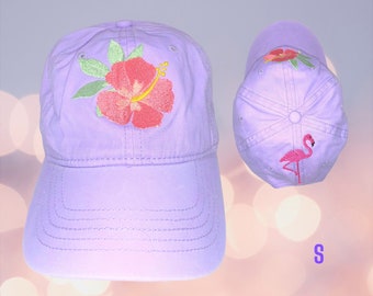 Embroidered Double Design, Hibiscus (Front) & Flamingo (Back) - Light Lavender Baseball Cap