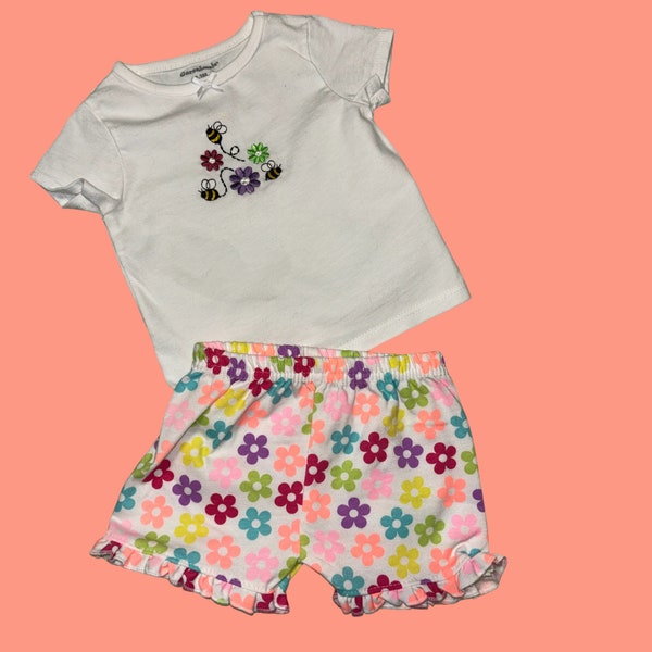 Embroidered Bumble Bees and Daisies Tee and Shorts - 0-3 Months